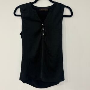 Black Sateen Mandarin Sleeveless Top Silver Button V-Neck Quiet Luxury Small